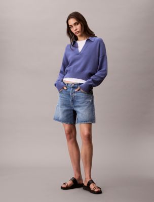 Smooth Cotton Polo Sweater, Gray Blue