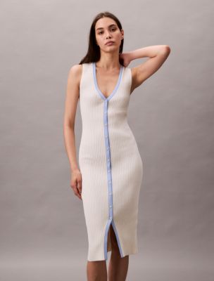 Cotton Rib V-Neck Dress, Moderate Blue Tipping Combo