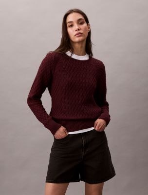 Cable Knit Classic Sweater, Deep Rouge