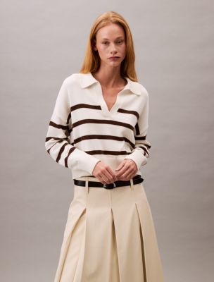 Smooth Cotton Johnny Collar Polo Sweater, Tofu / Corrado Stripe