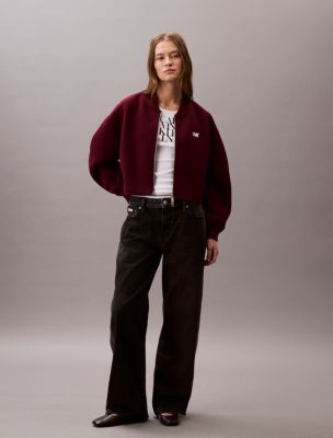 Blouson d’aviateur court décontracté en tricot scuba, rouge foncé