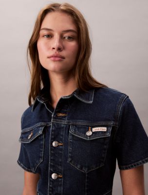calvin klein denim trucker dress Calvin Klein Calvin Klein Denim Mini Trucker Dress in Gray
