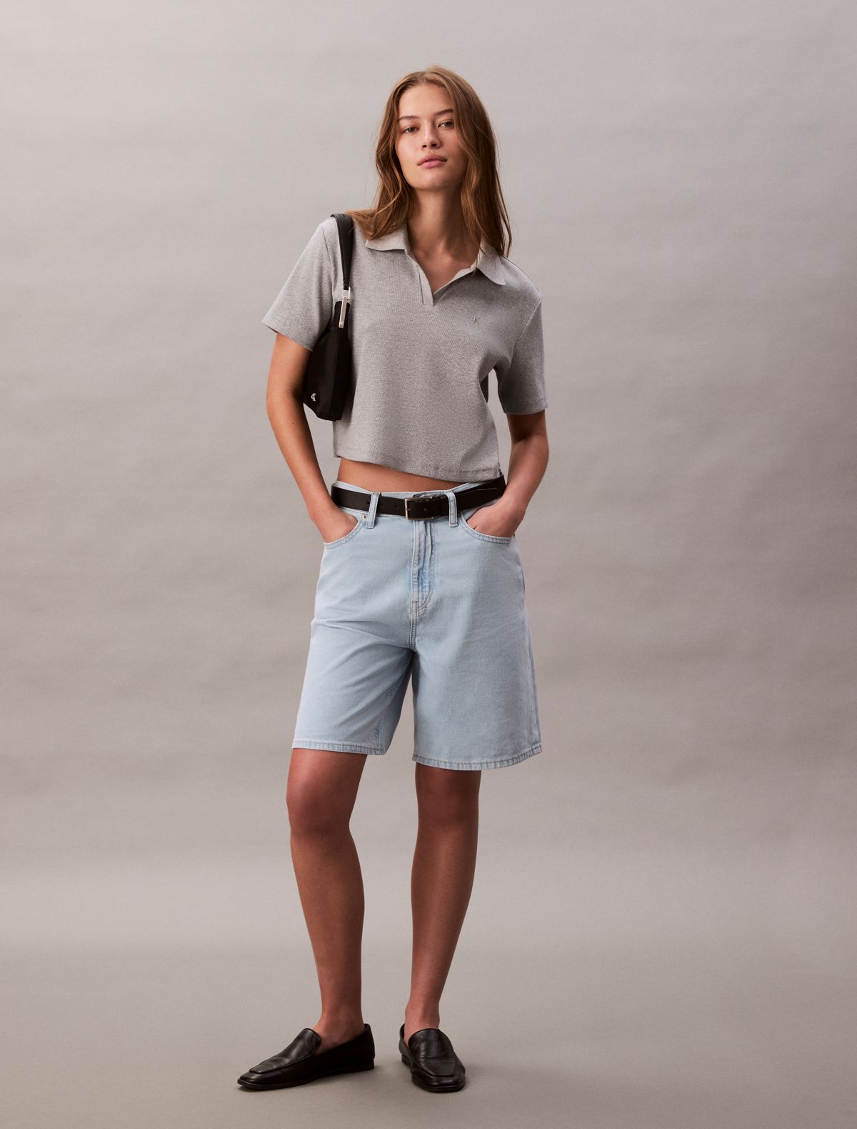 Linen Blend Relaxed Denim Bermuda Shorts