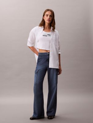 Tencel Blend Wide Leg Cargo Jeans, Soft Surf