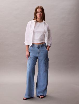 Tencel Blend Wide Leg Cargo Jean, Blue Dove