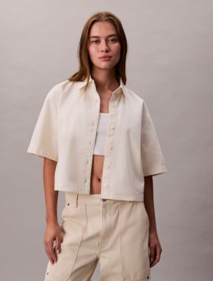 Denim Cropped Relaxed Button-Down Shirt , Chalk White