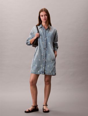 Distressed Indigo Denim Shirt Dress, Distressed Indigo