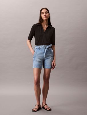 Tie Belt Denim Shorts , Hazy Sky