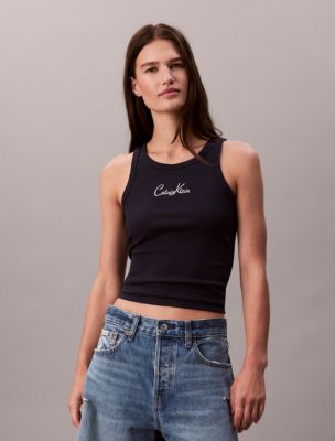 Cotton Contour Rib Embroidered Logo Tank Top, Dark Sapphire