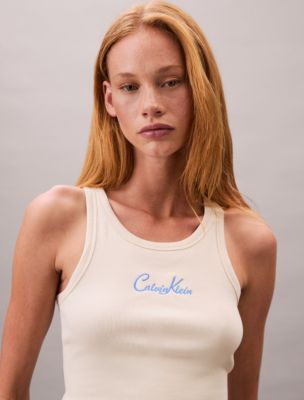 Cotton Contour Rib Embroidered Logo Tank Top, Bone White