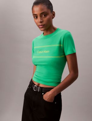 Женские футболки Calvin Klein Stripe Logo Graphic Slim T-Shirt — фото 4