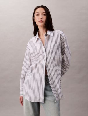 Poplin Striped Relaxed Button-Down Shirt, Maya Blue