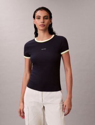 Contrast Trim Rib Logo Graphic Baby Tee, Dark Sapphire