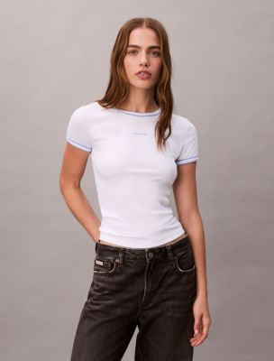 Contrast Trim Rib Logo Graphic Baby Tee, Brilliant White