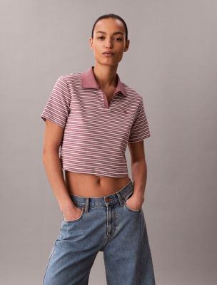 Cotton Contour Rib Polo Tee, Capri Rose Stripes
