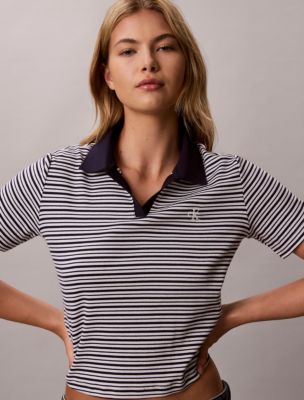 Cotton Contour Rib Polo Tee, Baritone Blue Stripes