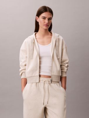 Logo Tape Fleece Zip Relaxed Hoodie, Vanilla Heather