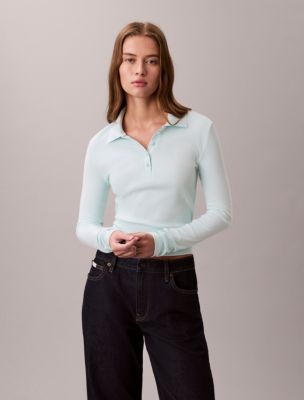 Cotton Contour Rib Long Sleeve Polo, Aqua Breeze