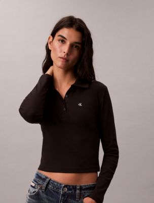 Cotton Contour Rib Long Sleeve Polo, Black