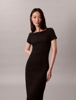Cotton Contour Rib Short Sleeve Dress, Black