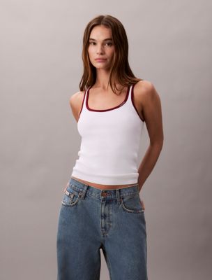 Contrast Trim Ribbed Tank Top, Brilliant White Combo