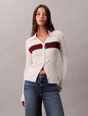 Smooth Cotton Stripe Ribbed Polo Cardigan, Chalk