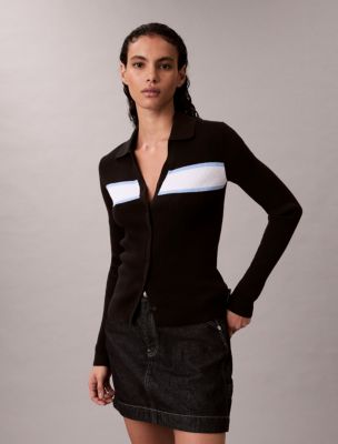 Smooth Cotton Stripe Rib Polo Cardigan, Black Stripe