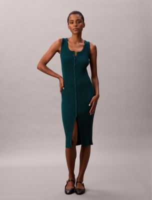 Smooth Cotton Rib Slim Midi Dress, Maya Blue