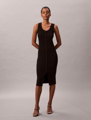 Smooth Cotton Rib Slim Midi Dress, Black