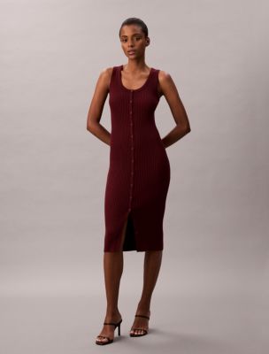 Smooth Cotton Rib Slim Midi Dress, Deep Rouge