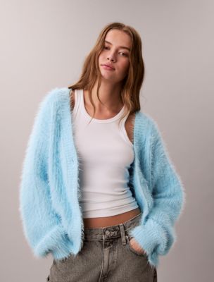 Soft Cropped Cardigan Sweater, Blue Freeze 
