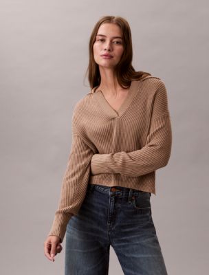 Smooth Cotton Relaxed Polo Sweater, Amphora Melange
