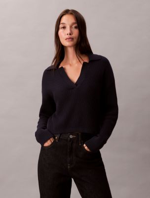 Smooth Cotton Relaxed Polo Sweater, Dark Sapphire