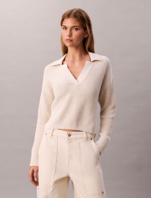 Smooth Cotton Relaxed Polo Sweater, Beige Heather