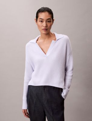 Smooth Cotton Relaxed Polo Sweater, Lacey Lilac