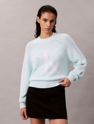 Smooth Cotton Monogram Logo Ribbed Classic Sweater, Aqua Breeze