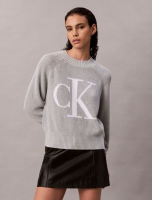 Smooth Cotton Monogram Logo Ribbed Classic Sweater, Mid Grey Heather