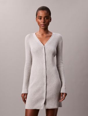 Smooth Cotton Rib Mini Button-Down Dress, Mid Grey Heather