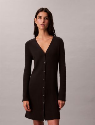 Smooth Cotton Rib Mini Button-Down Dress, Black