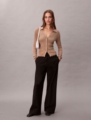 Smooth Cotton Rib Polo Cardigan, Amphora Melange