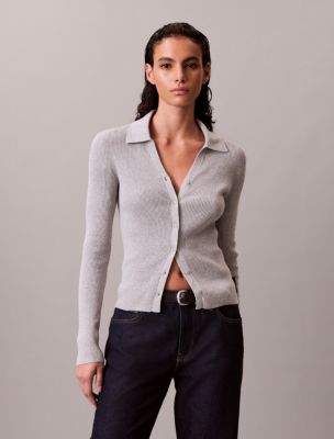 Smooth Cotton Rib Polo Cardigan, Mid Grey Heather