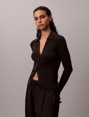 Smooth Cotton Rib Polo Cardigan, Black