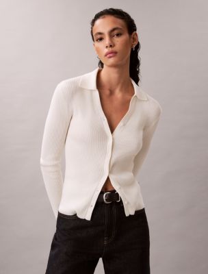 Smooth Cotton Rib Polo Cardigan, Tofu