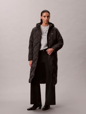 Long Hooded Puffer Jacket, Black