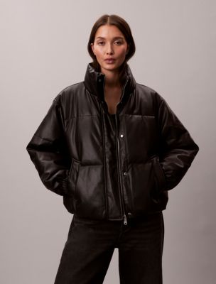 Faux Leather Puffer Jacket, Black