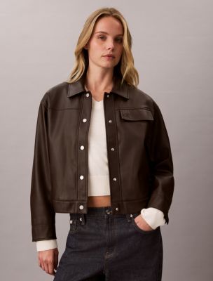 Faux Leather Relaxed Jacket, Black Coffee