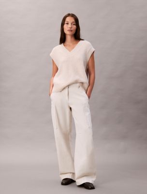 Cotton Canvas High Rise Pants, Chalk