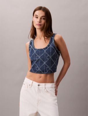 Denim Allover Monogram Cropped Tank Top, CK Atlantic