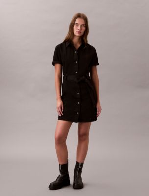 Denim Belted Mini Dress, Soft Black