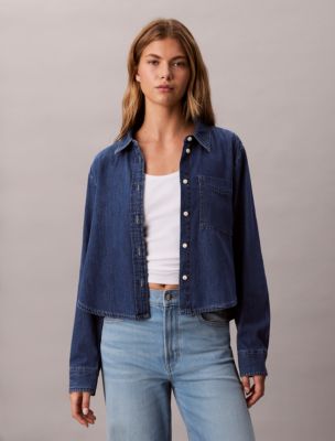 Denim Cropped Relaxed Button-Down Shirt, Vintage Indigo